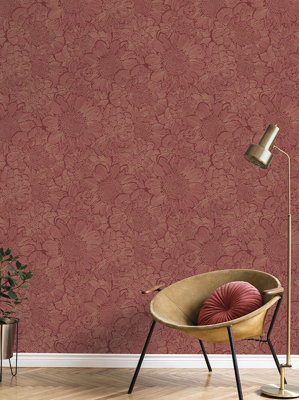 Burgundy colored floral wallpaper