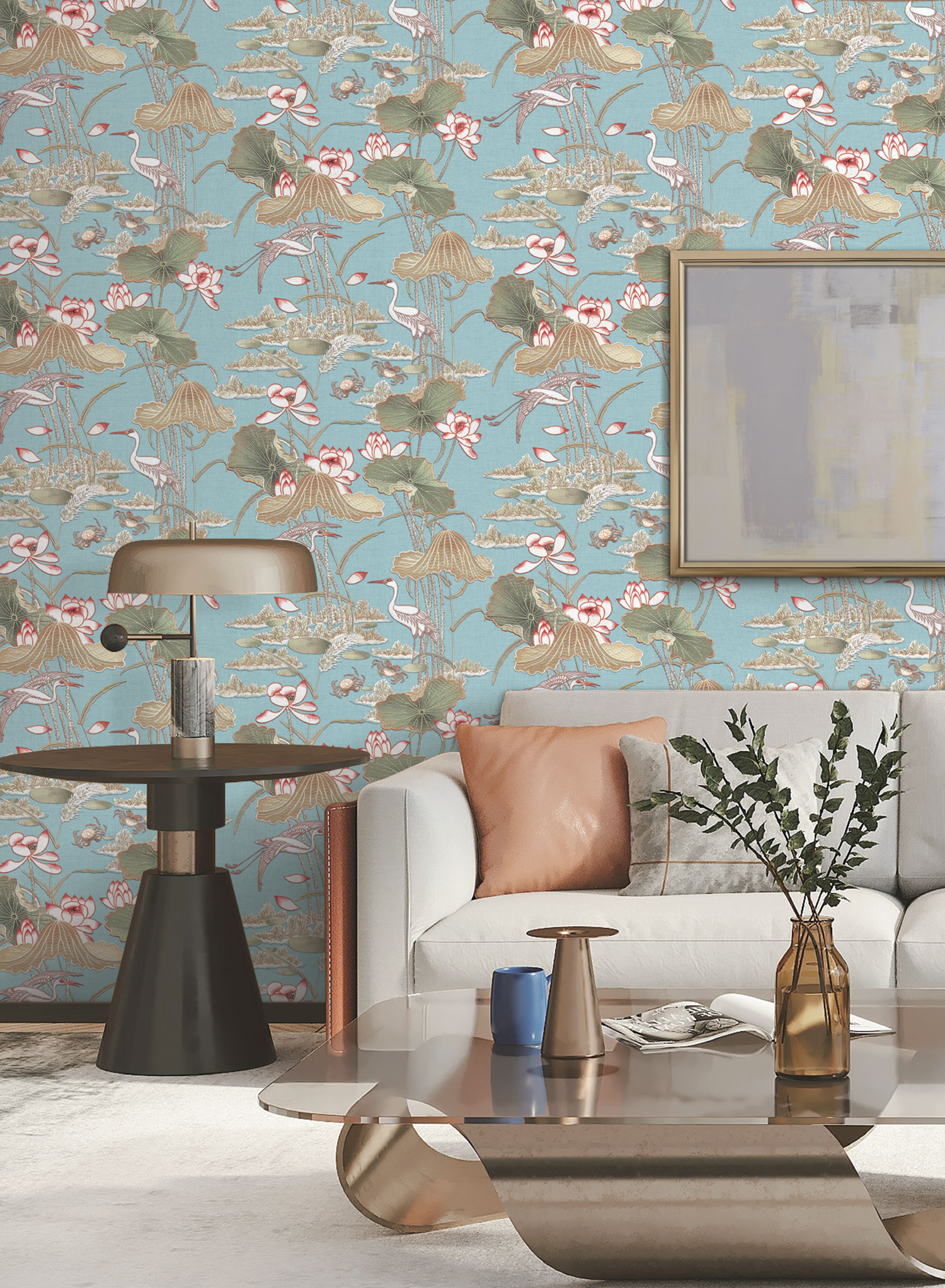 Luxury wallpaper with water lilies and bird motifs