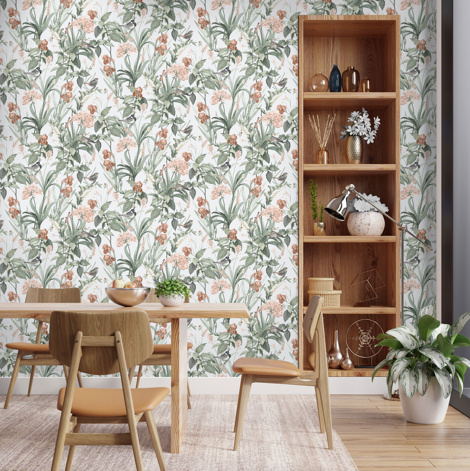 Floral wallpaper with bird motifs in various colors