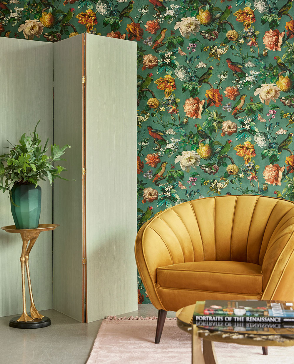 Colorful non-woven wallpaper with flowers and parrots