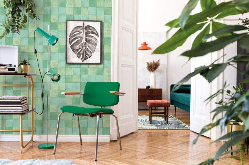 Green geometric washable wallpaper 45723 Zellige, Marburg