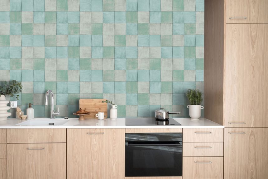 Light green geometric washable wallpaper 45719 Zellige, Marburg