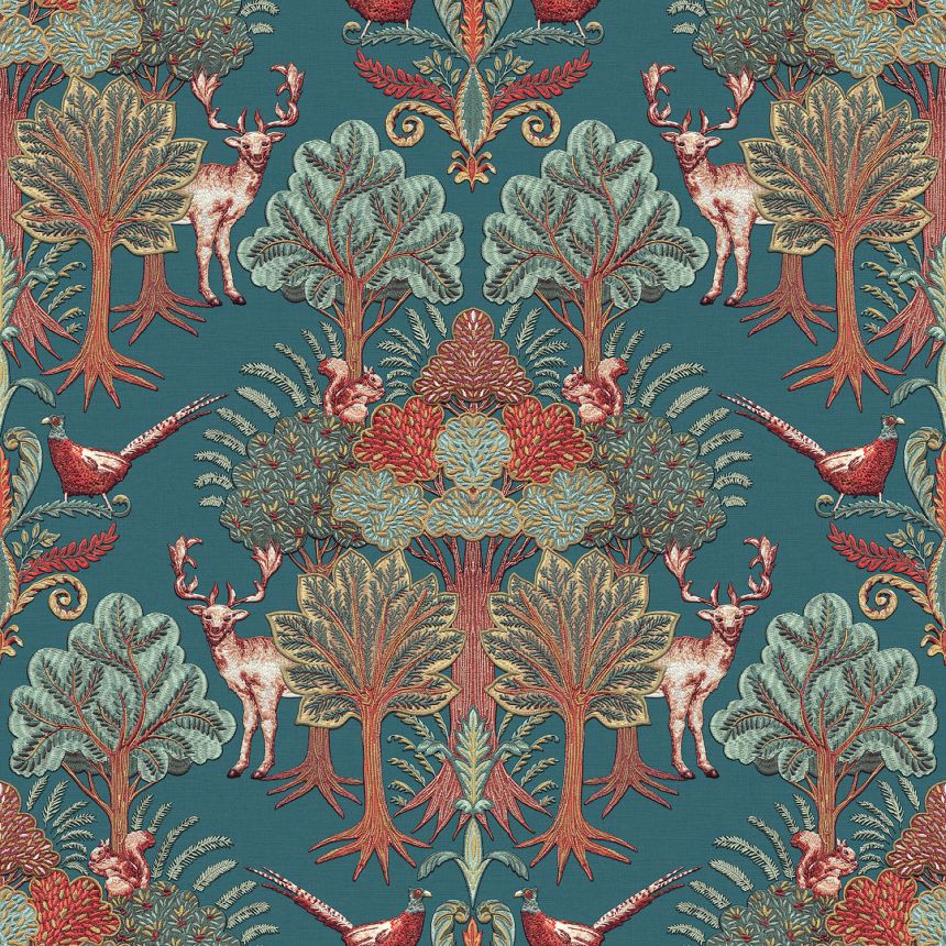 Luxury green wallpaper with trees, animals, TP422305, Tapestry, Design ID