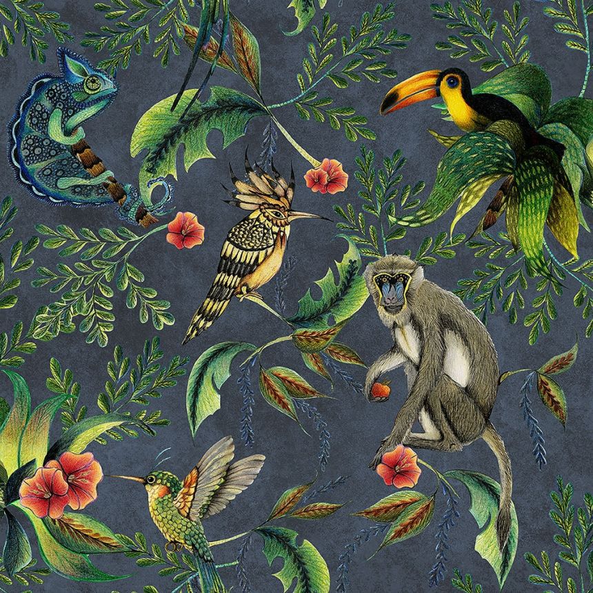 Luxury non-woven wallpaper EE22535, Monkeys, toucans, tropical forest, Essentials, Decoprint