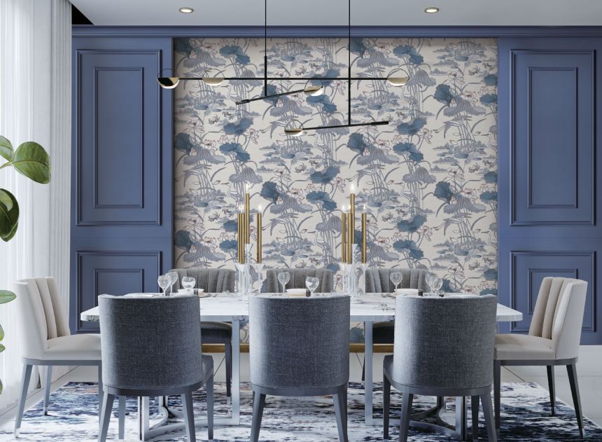 Luxury gray-blue wallpaper with water lilies and birds, TP422702, Tapestry, Design ID