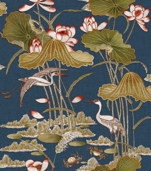 Luxury blue wallpaper with water lilies and birds, TP422705, Tapestry, Design ID