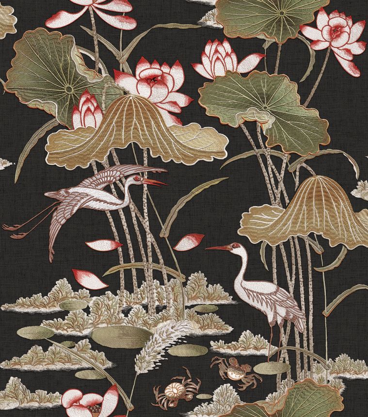 Luxury brown wallpaper, water lilies, birds, TP422706, Tapestry, Design ID