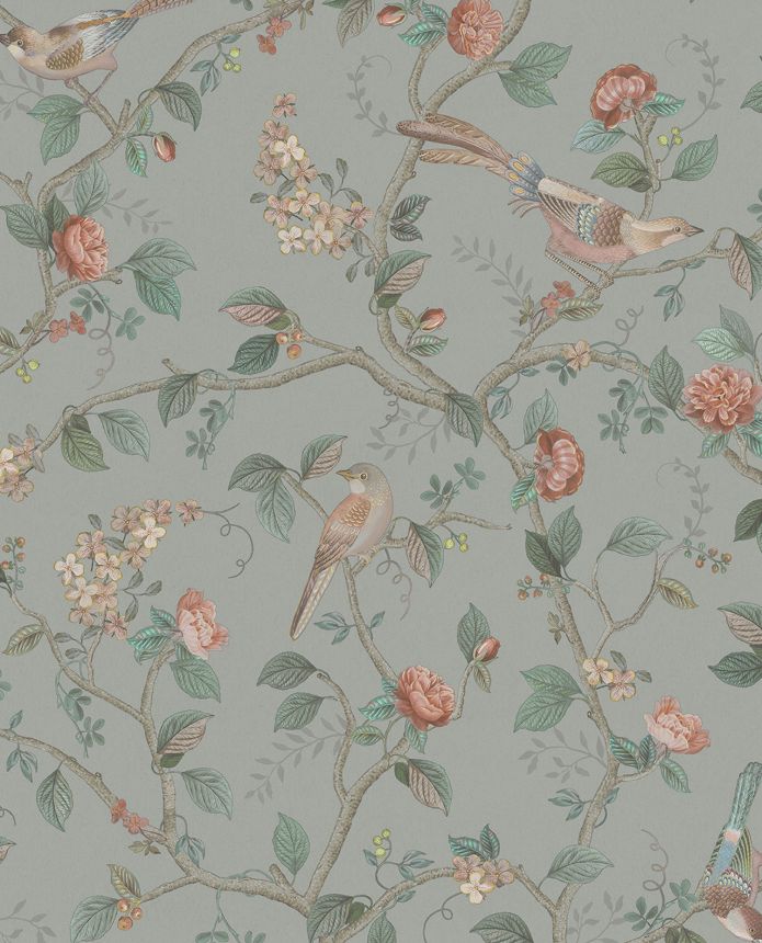 Grey-green wallpaper with twigs and birds, 333121 Pip Studio 6, Eijffinger