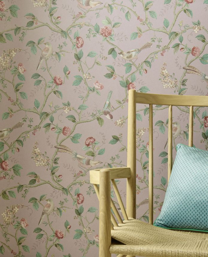 Pink wallpaper with birds and twigs, 333122 Pip Studio 6, Eijffinger
