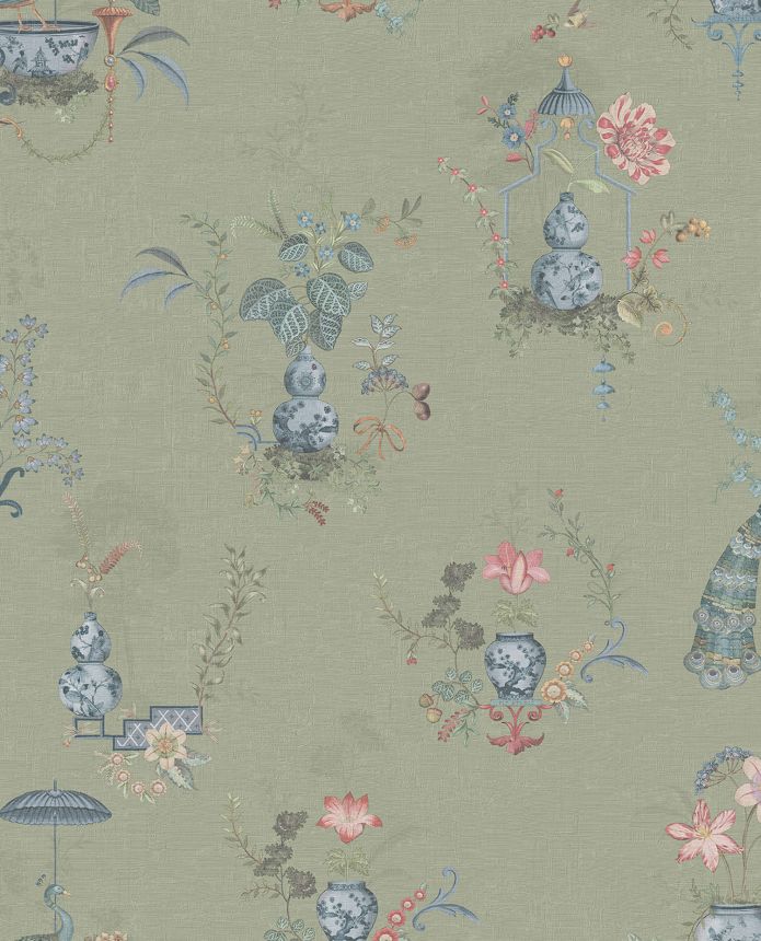 Green wallpaper with flowers and peacocks, 333142 Pip Studio 6, Eijffinger