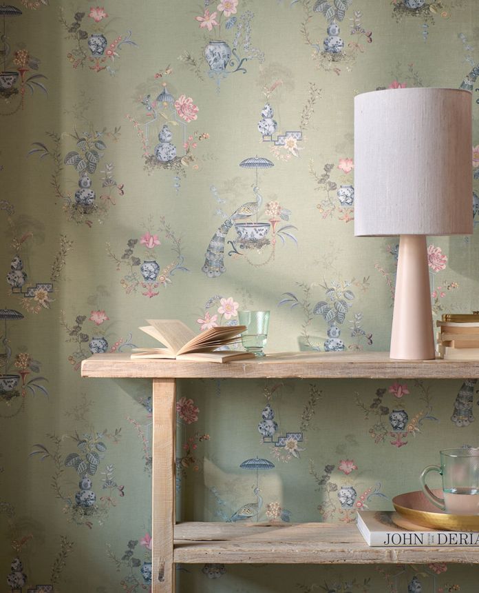 Green wallpaper with flowers and peacocks, 333142 Pip Studio 6, Eijffinger