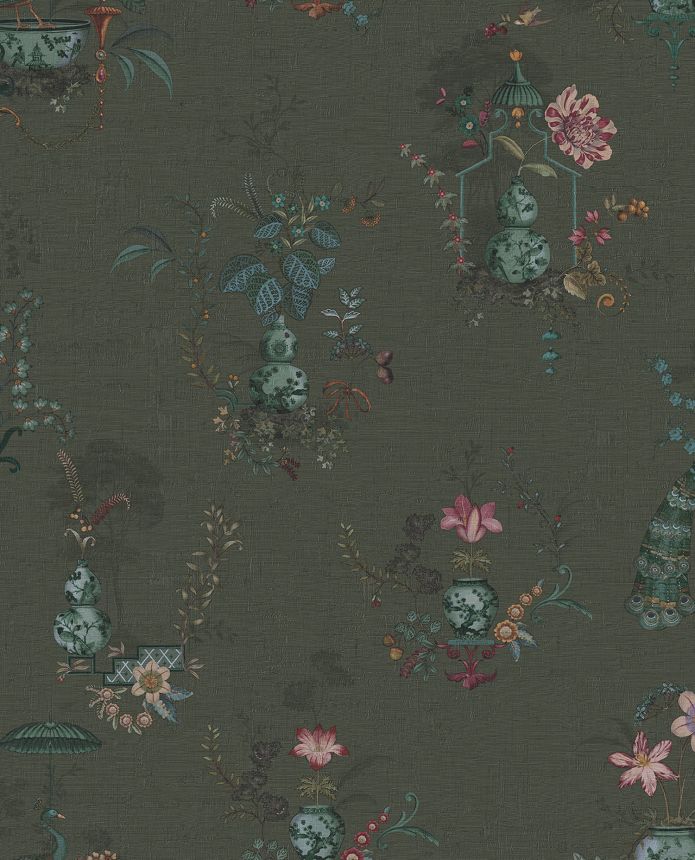 Green wallpaper with flowers and peacocks, 333144 Pip Studio 6, Eijffinger