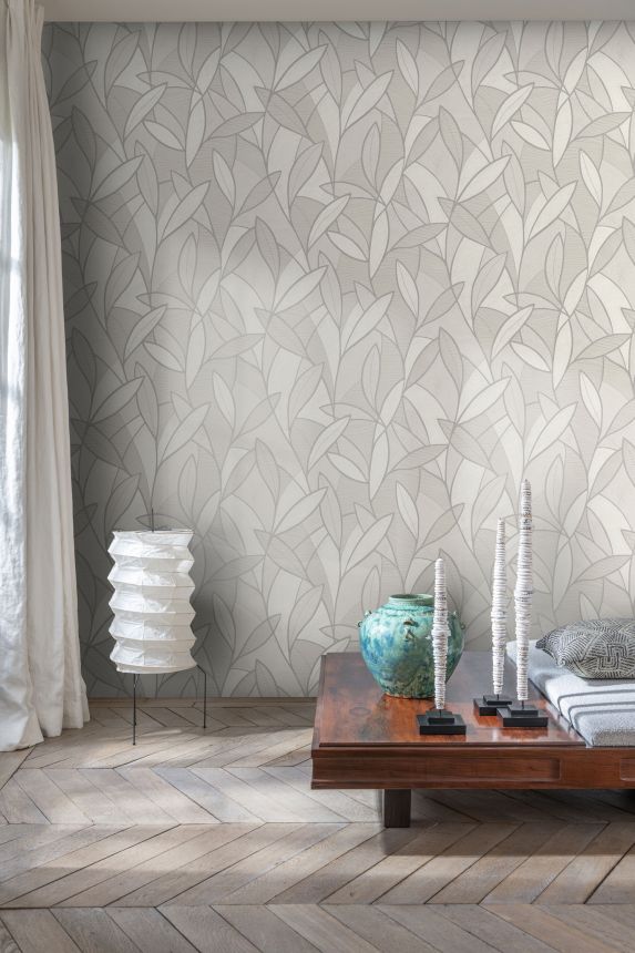 Gray-silver wallpaper with leaves, AL26230, Allure, Decoprint