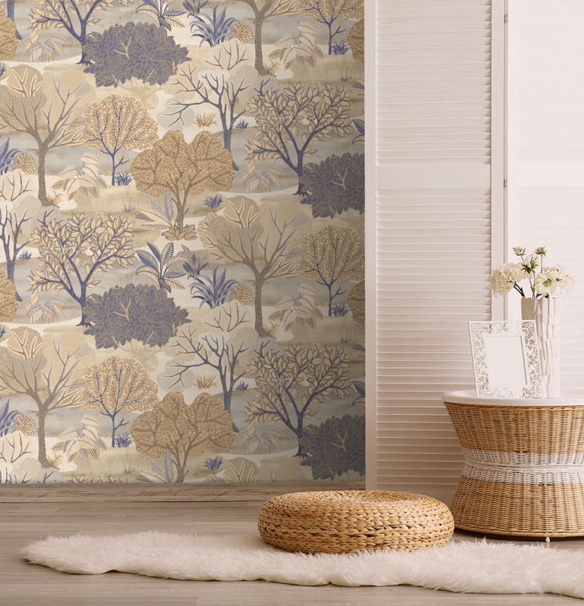 Blue-beige wallpaper, trees, AL26250, Allure, Decoprint