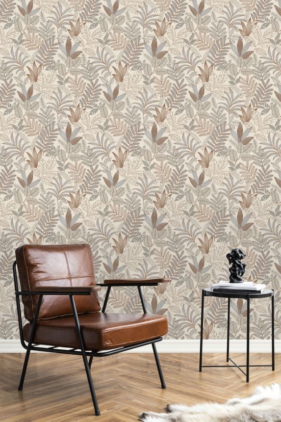 Gray-beige wallpaper with leaves, AL26292, Allure, Decoprint