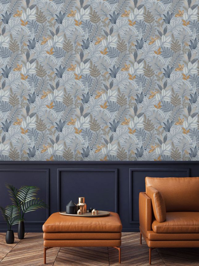 Blue wallpaper with leaves, AL26293, Allure, Decoprint