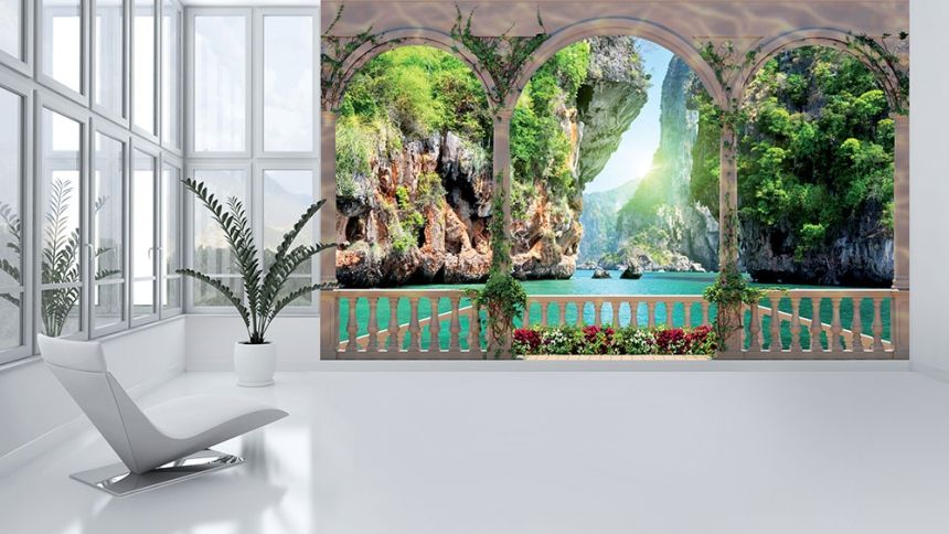 Non-woven photo mural wallpaper Exotic bay behind a window 22119, 416 x 254 cm, Photomurals, Vavex