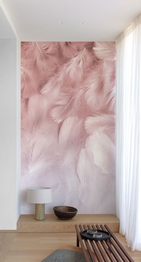 Pink wall mural with feathers, ML1001, Mural Young Edition, Grandeco