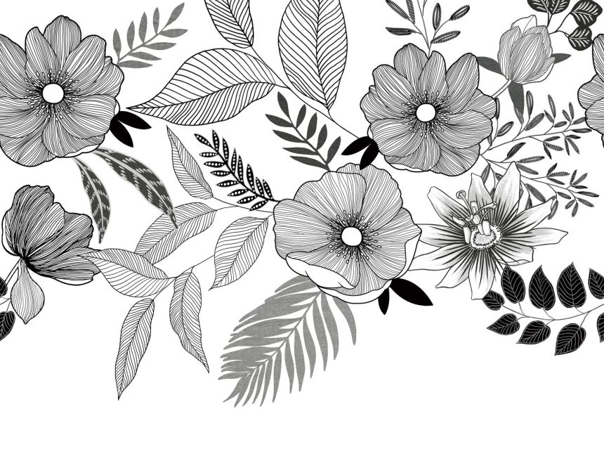 Black and white wall mural with flowers, ML6701, Mural Young Edition, Grandeco