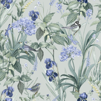 Blue wallpaper with flowers and birds, M64714, Botanique, Ugepa