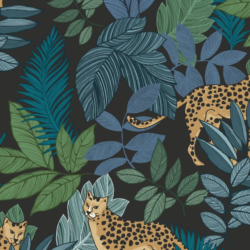 Black wallpaper with leopards and leaves, 118610, Envy