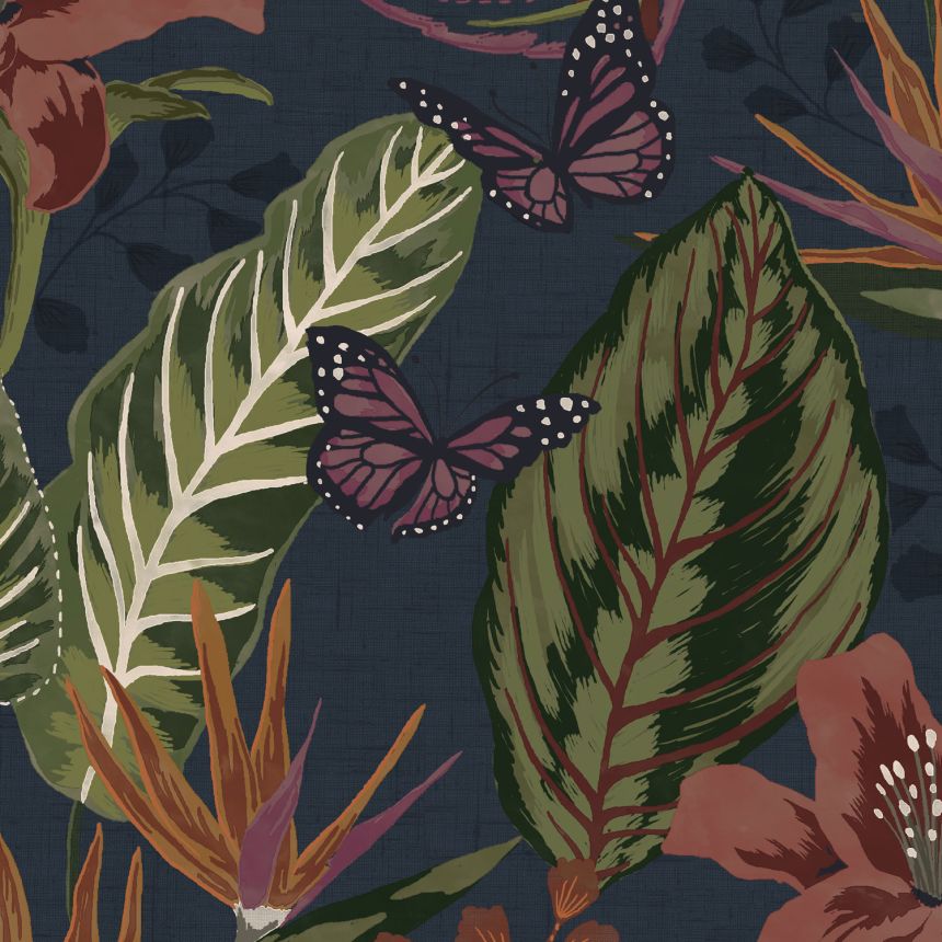 Blue wallpaper with flowers, leaves and butterflies, 118608, Envy