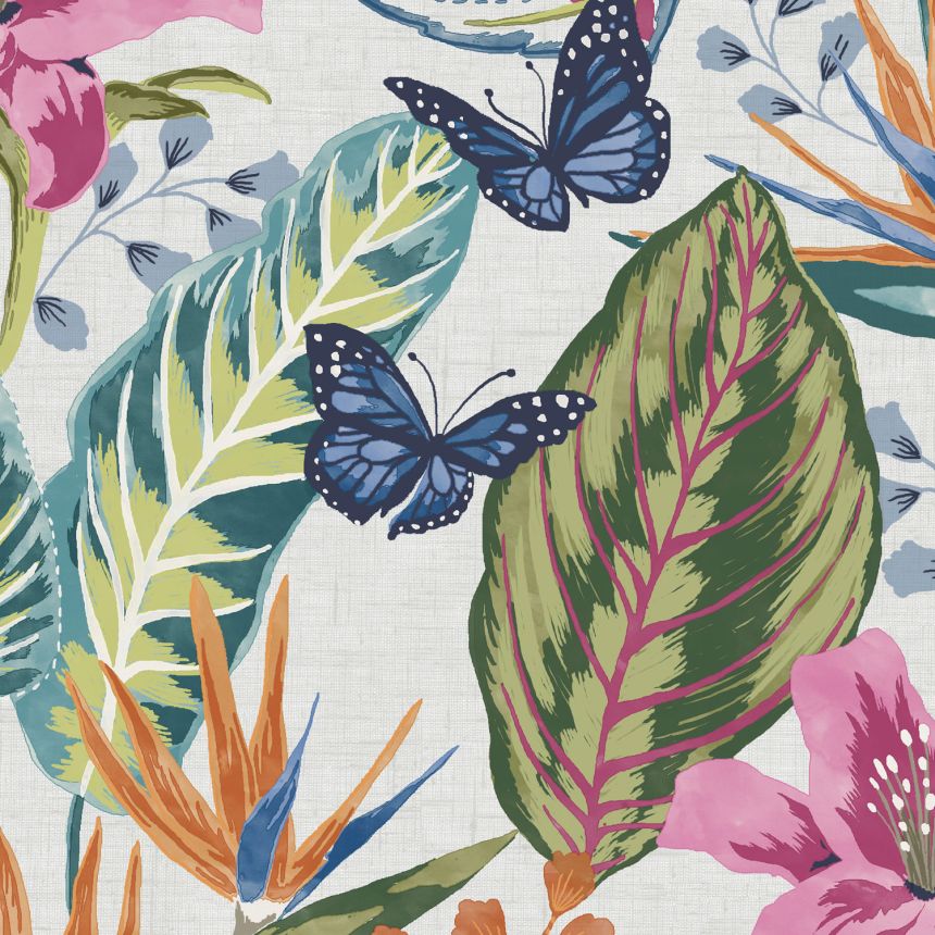 Gray and white wallpaper with flowers, leaves and butterflies, 118613, Envy
