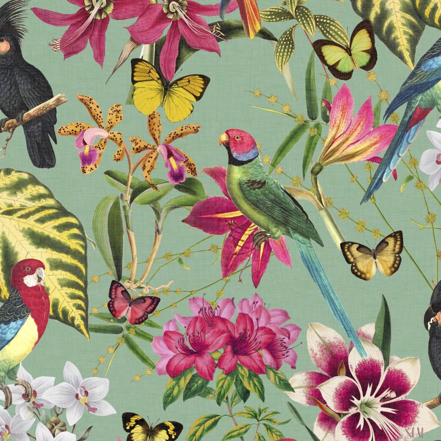 Green wallpaper with flowers, parrots and butterflies, 118618, Envy