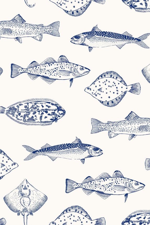 White wallpaper with blue fish, 118554, Joules, Graham&Brown