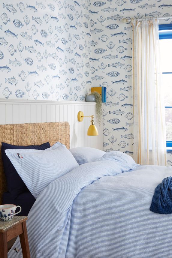 White wallpaper with blue fish, 118554, Joules, Graham&Brown