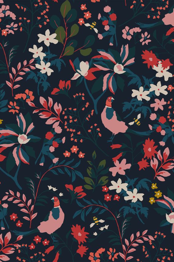 Floral wallpaper with pheasants and bees 118568, Joules, Graham&Brown