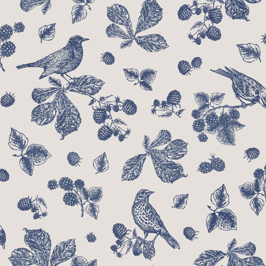 Blue-white wallpaper, birds, plants, leaves, 120881, Joules, Graham&Brown