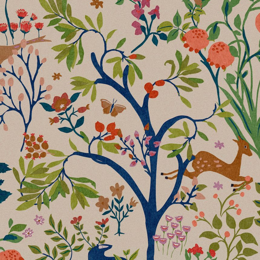 Beige wallpaper, flowers, twigs, animals, birds, 120871, Joules, Graham&Brown