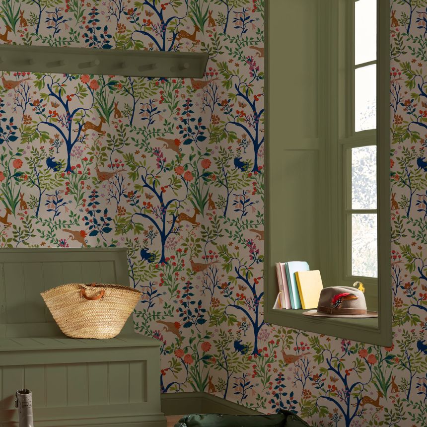 Beige wallpaper, flowers, twigs, animals, birds, 120871, Joules, Graham&Brown