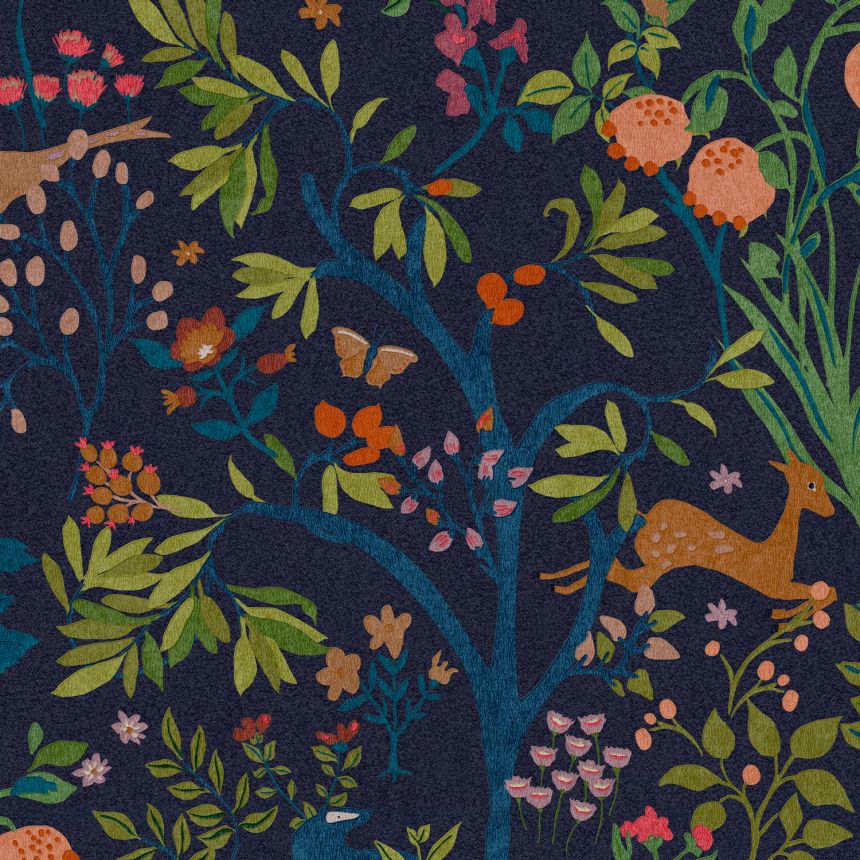 Blue wallpaper, flowers, twigs, birds, animals, 120872, Joules, Graham&Brown