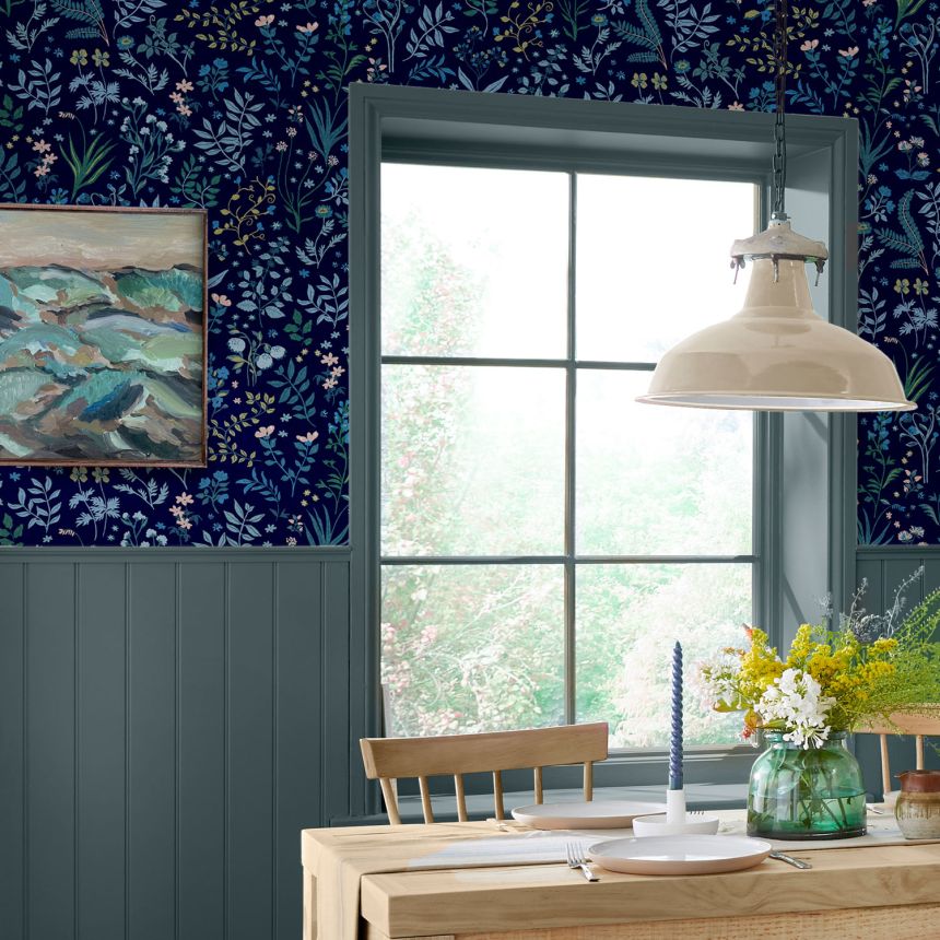 Blue wallpaper, flowers, leaves, 120874, Joules, Graham&Brown