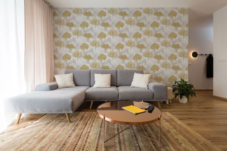 Gray-mustard wallpaper with trees, 119561, Zen, Superfresco Easy