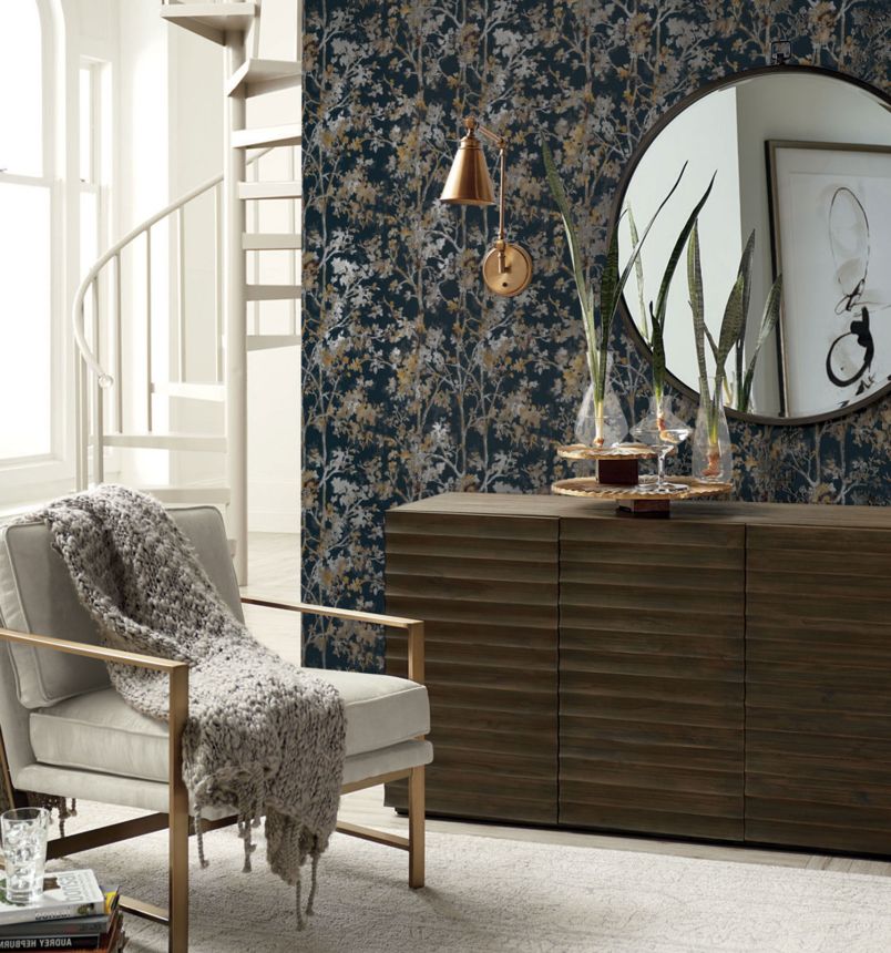 Black metallic floral wallpaper, NW3580, Modern Metals, York