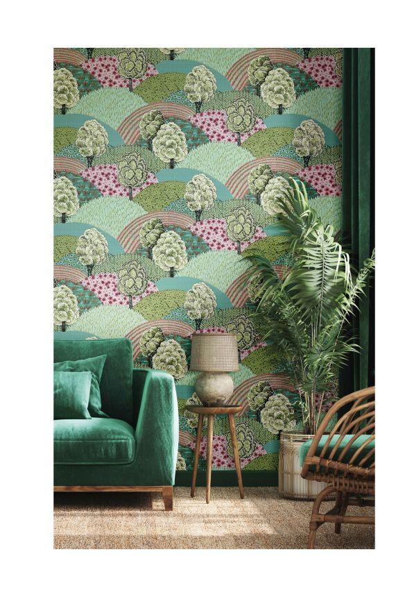 Green-pink wallpaper with tree motif, 84026, Blooming Garden, Cristiana Masi by Parato