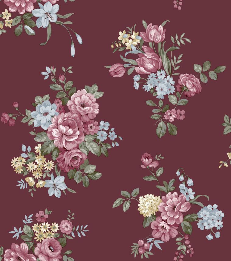 Wine red wallpaper with floral pattern, 12303, Fiori Country, Parato