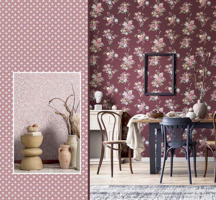 Wine red wallpaper with floral pattern, 12303, Fiori Country, Parato