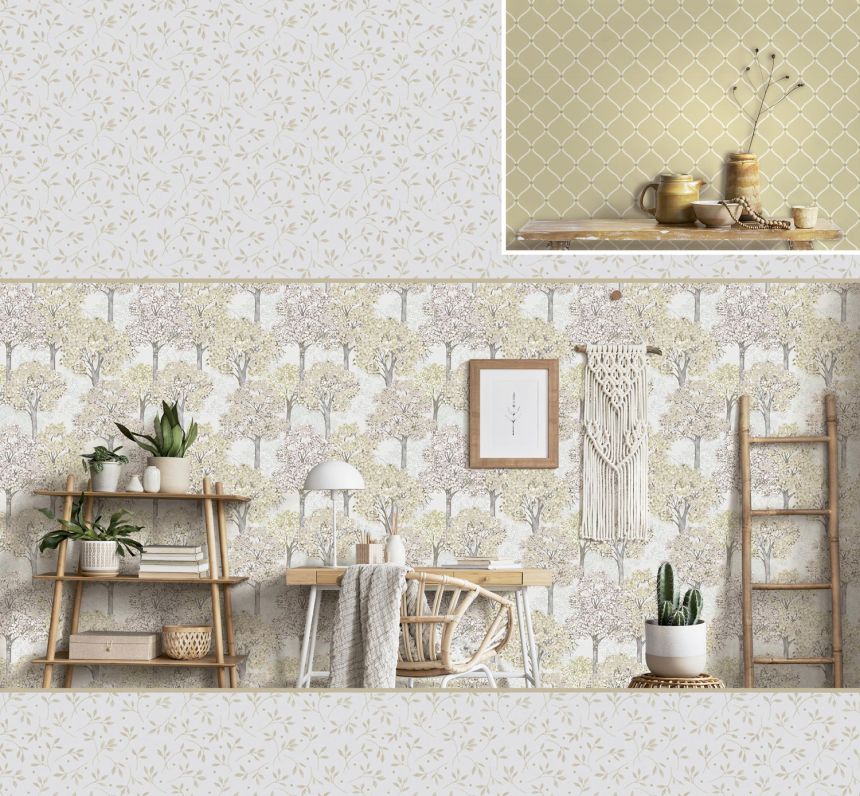 White non-woven wallpaper with branches,,12369, Fiori Country, Parato