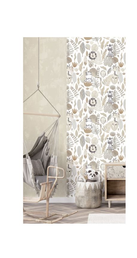 Grey-beige children's wallpaper with animals and leaves, 14837, Happy, Parato