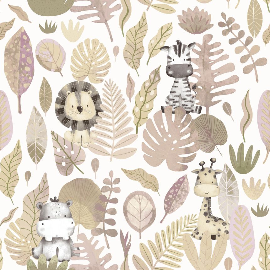Children's wallpaper with animals and leaves, 14838, Happy, Parato