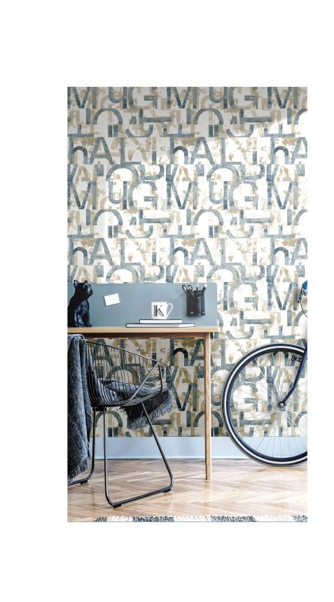 Blue-beige wallpaper with letters, 16632, Friends & Coffee, Cristiana Masi by Parato