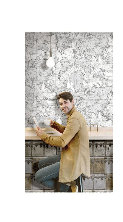 Grey-silver wallpaper with world map, 16656, Friends & Coffee, Cristiana Masi by Parato