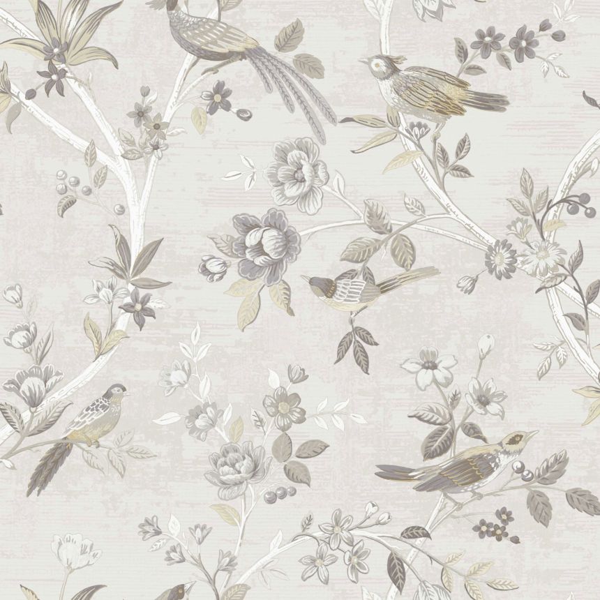 Grey-beige wallpaper with flowers and birds, 28841, Thema, Cristiana Masi by Parato