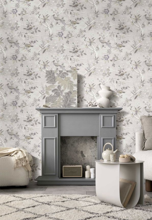 Grey-beige wallpaper with flowers and birds, 28841, Thema, Cristiana Masi by Parato