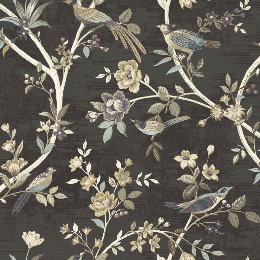 Black wallpaper with flowers and birds, 28847, Thema, Cristiana Masi by Parato