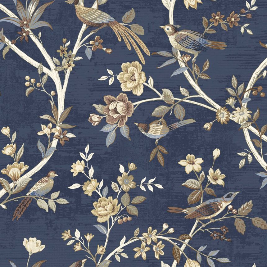 Blue wallpaper with flowers and birds, 28849, Thema, Cristiana Masi by Parato